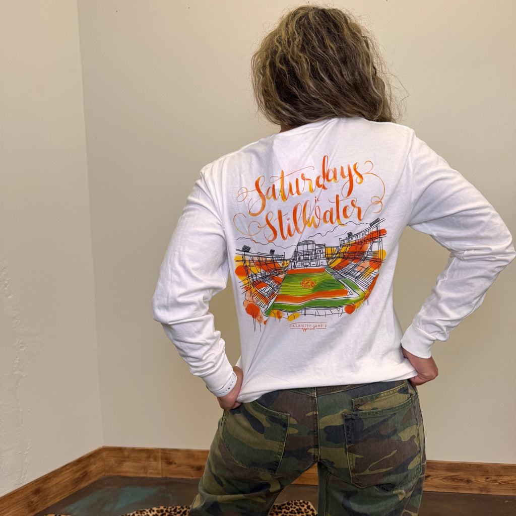Oklahoma State University Saturdays In Stillwater Long Sleeve Comfort Color T Shirt - Country Lace Boutique