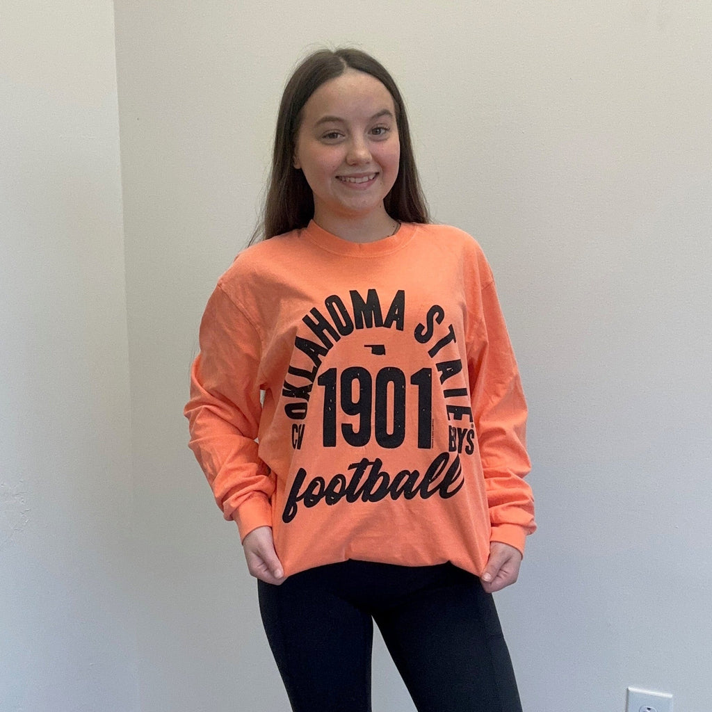 Oklahoma State Vintage Arch Crew Neck Comfort Color Long Sleeve T Shirt - Country Lace Boutique