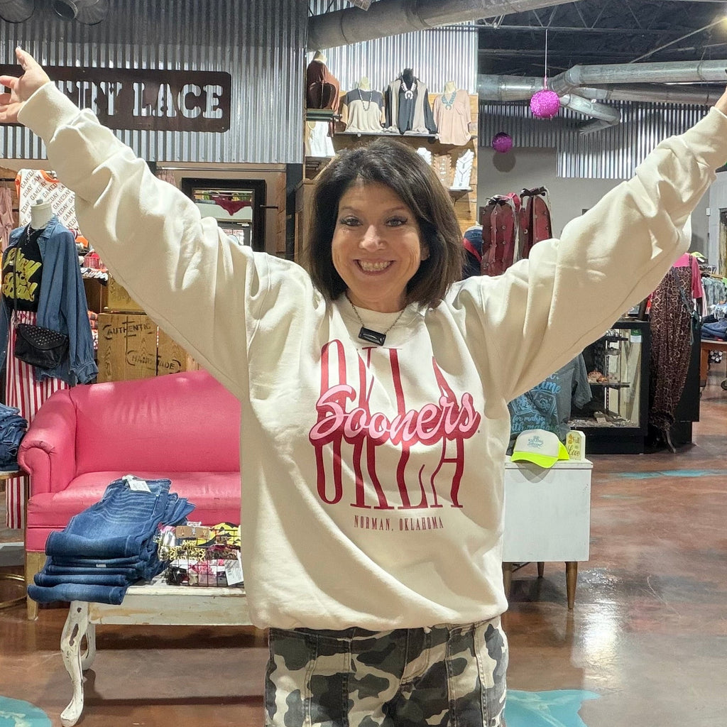 Oklahoma University Sooners Script Cream Crew Neck Sweatshirt - Country Lace Boutique