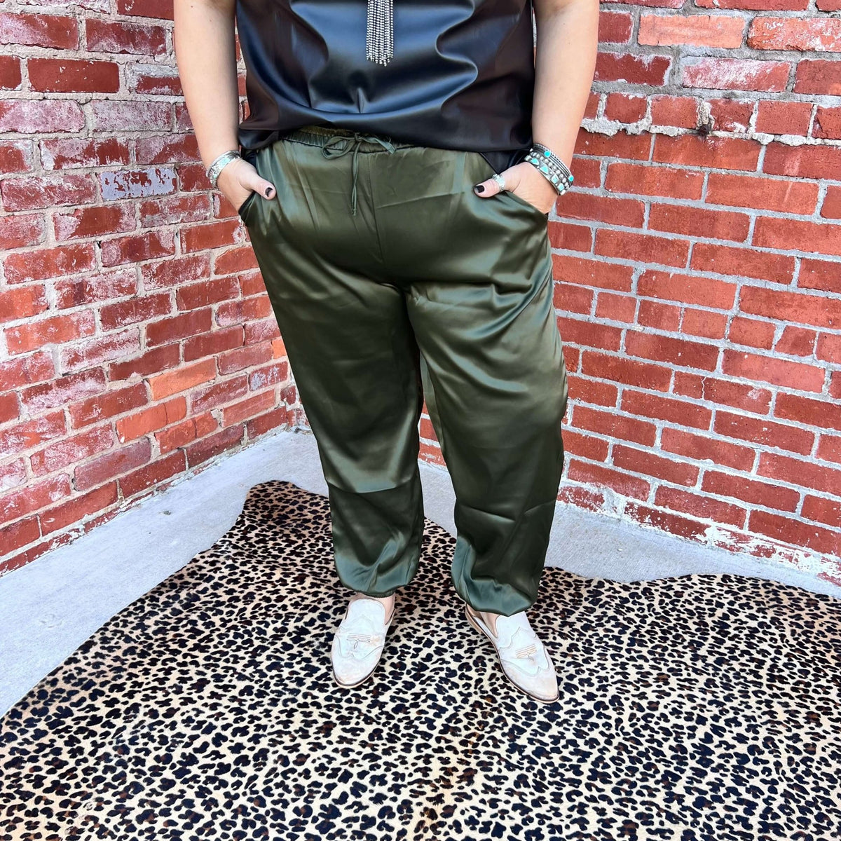 Olive Cargo Satin Joggers | X - Small - Country Lace Boutique