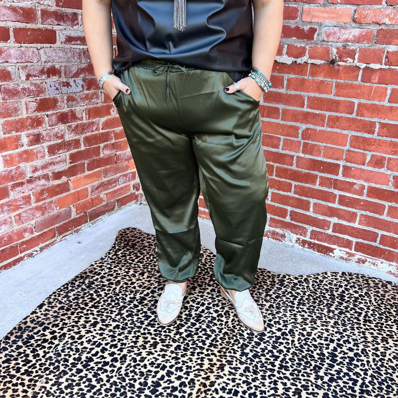 Olive Cargo Satin Joggers | X - Small - Country Lace Boutique