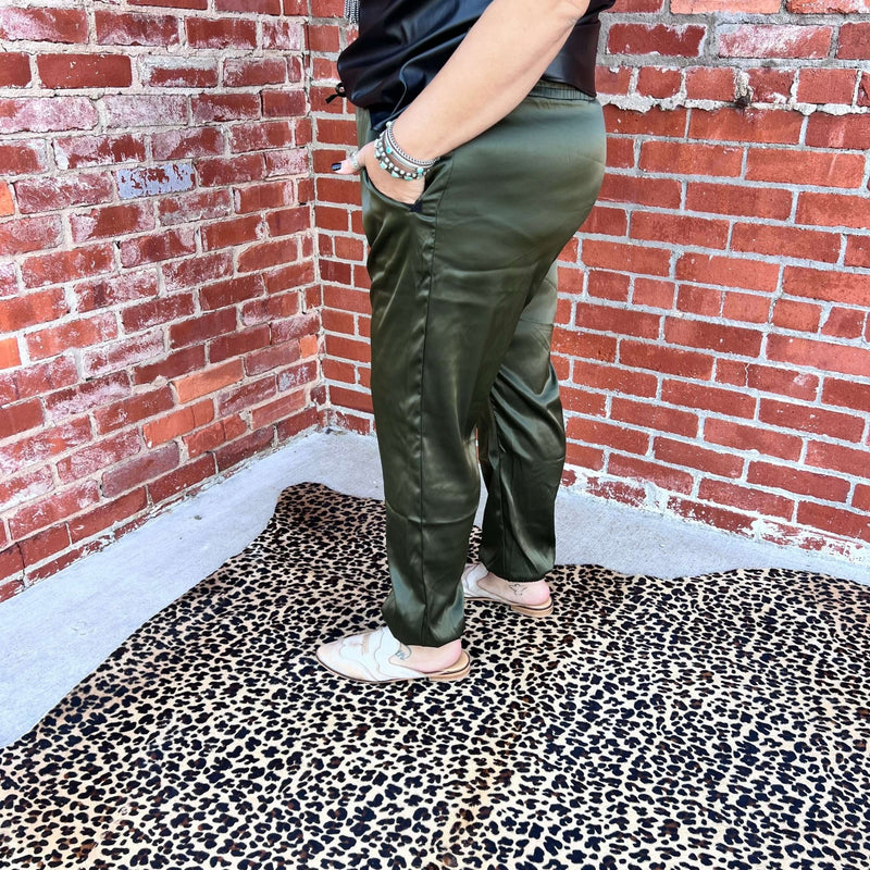 Olive Cargo Satin Joggers | X - Small - Country Lace Boutique