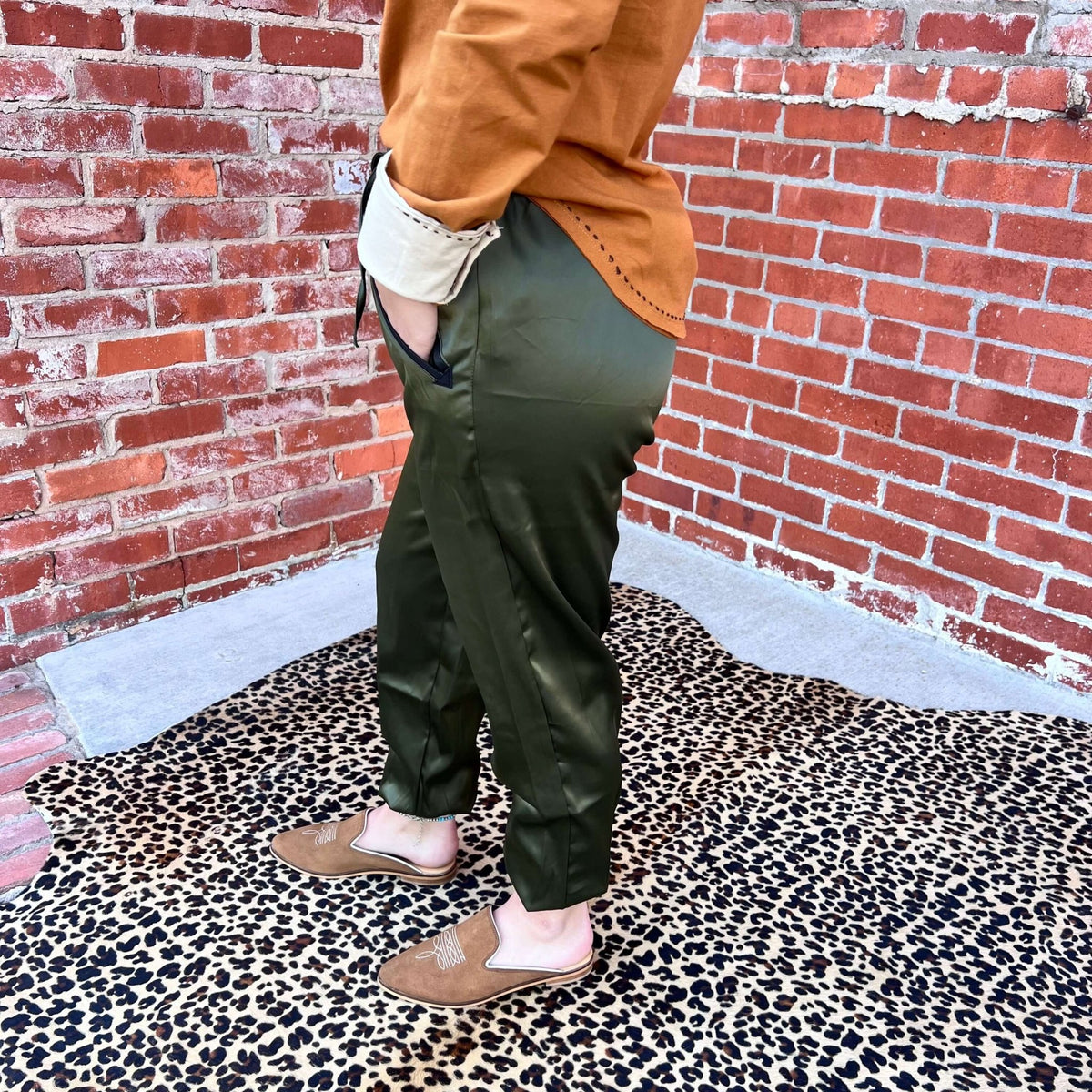 Olive Cargo Satin Joggers | X - Small - Country Lace Boutique