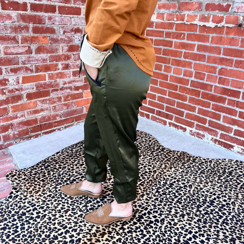 Olive Cargo Satin Joggers | X - Small - Country Lace Boutique