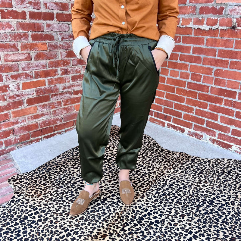 Olive Cargo Satin Joggers | X - Small - Country Lace Boutique