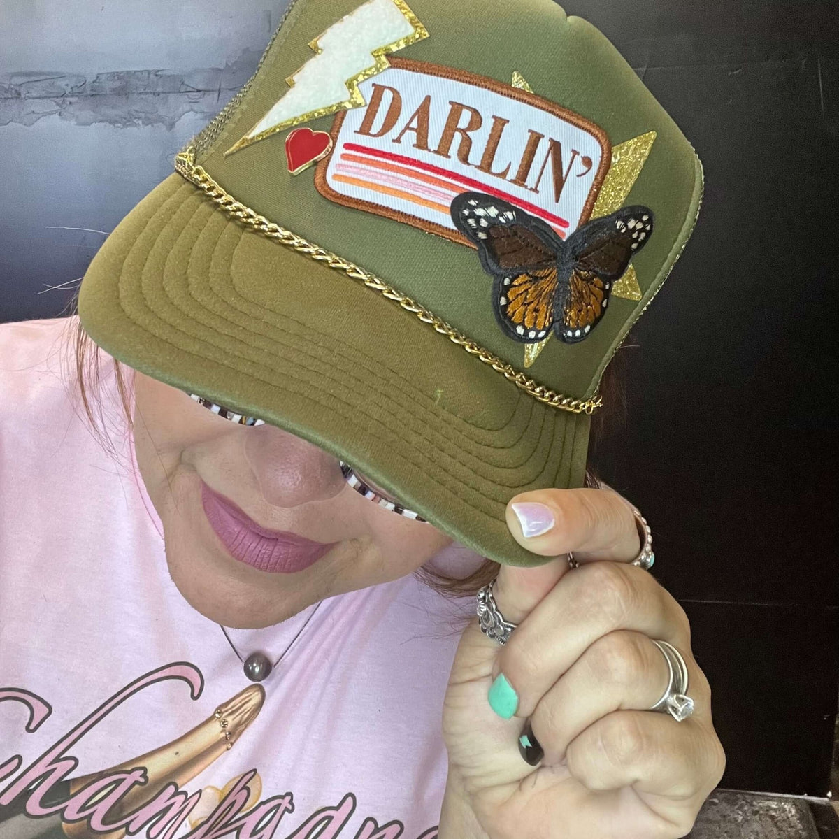 Olive Darlin' Custom Trucker Hat w/Chain - Country Lace Boutique