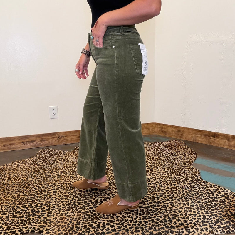 Olive Green Corduroy Risen Crop Tummy Control Jeans - Country Lace Boutique