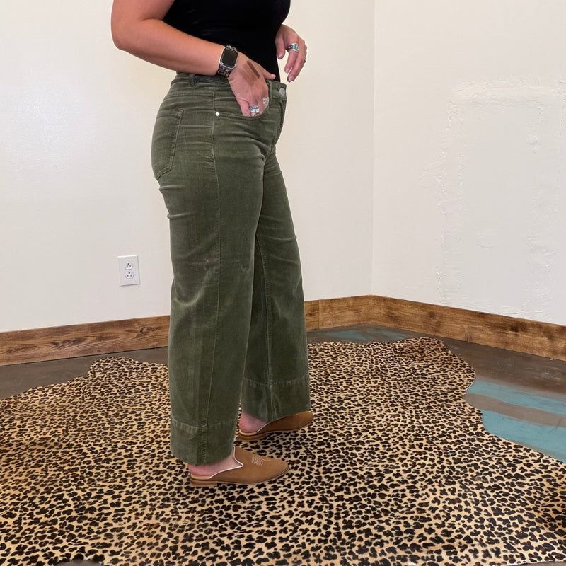 Olive Green Corduroy Risen Crop Tummy Control Jeans - Country Lace Boutique