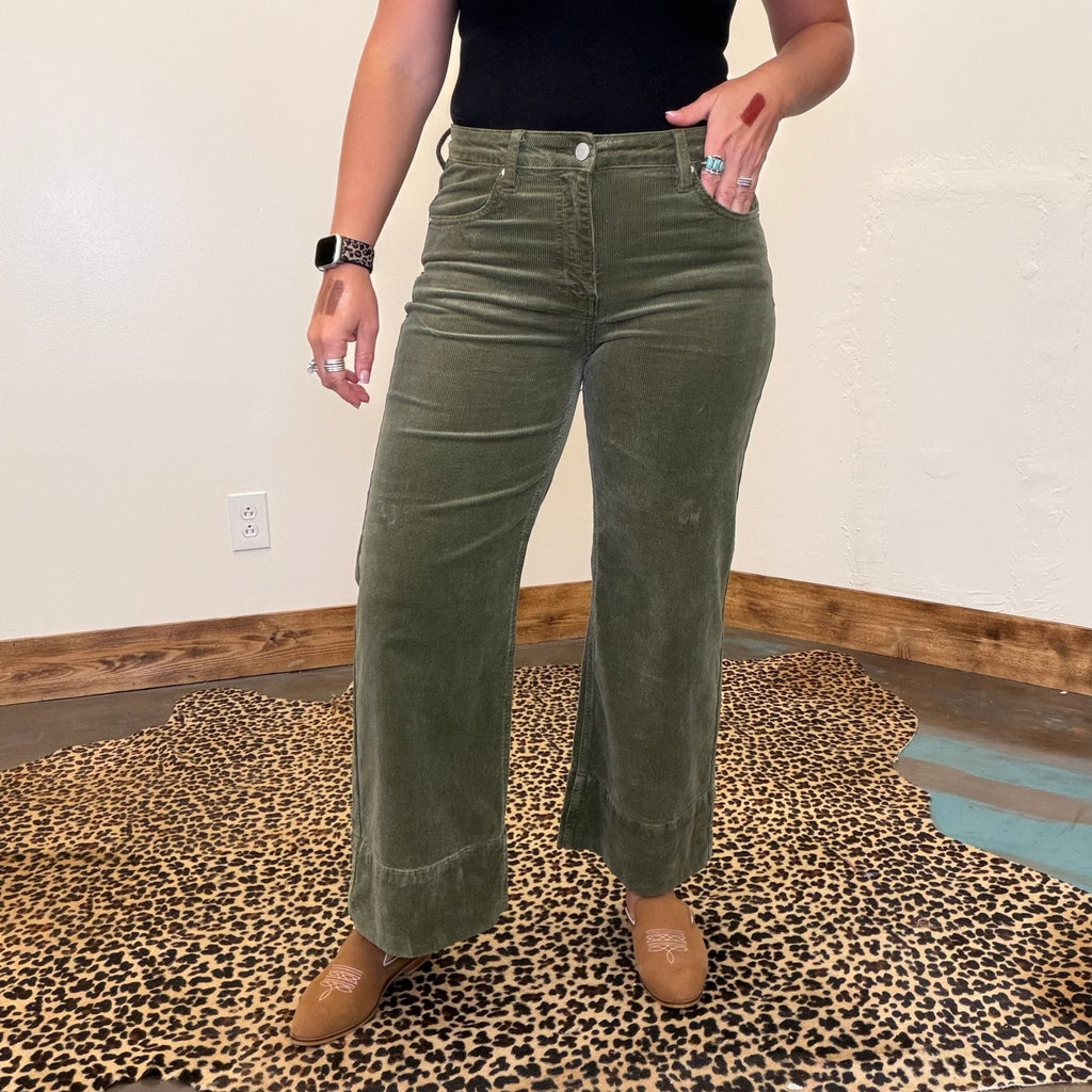 Olive Green Corduroy Risen Crop Tummy Control Jeans - Country Lace Boutique