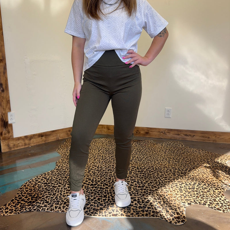 Olive Green Silky Leggings Pants - Country Lace Boutique