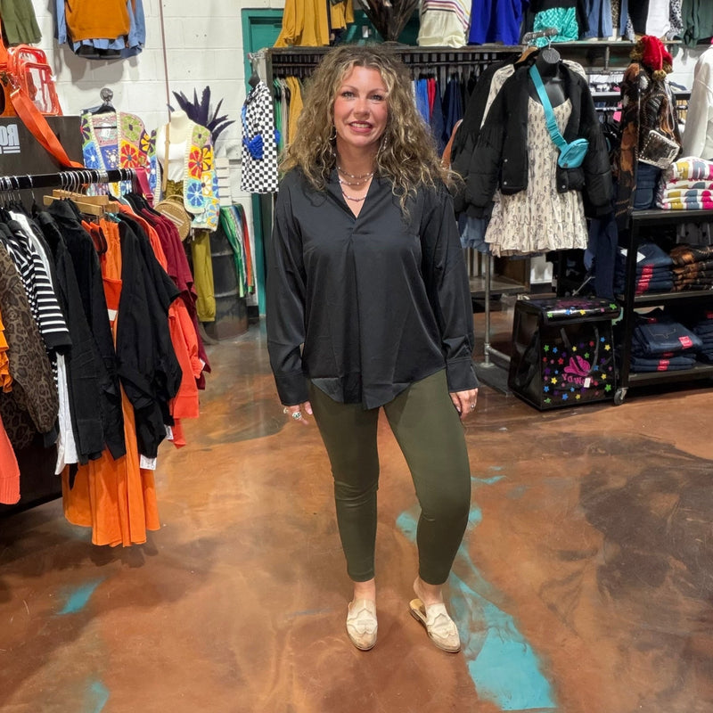 Olive Green Silky Leggings Pants - Country Lace Boutique