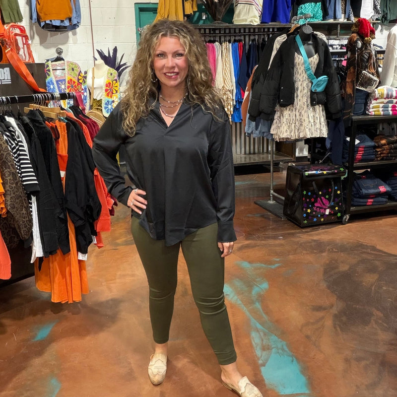 Olive Green Silky Leggings Pants - Country Lace Boutique