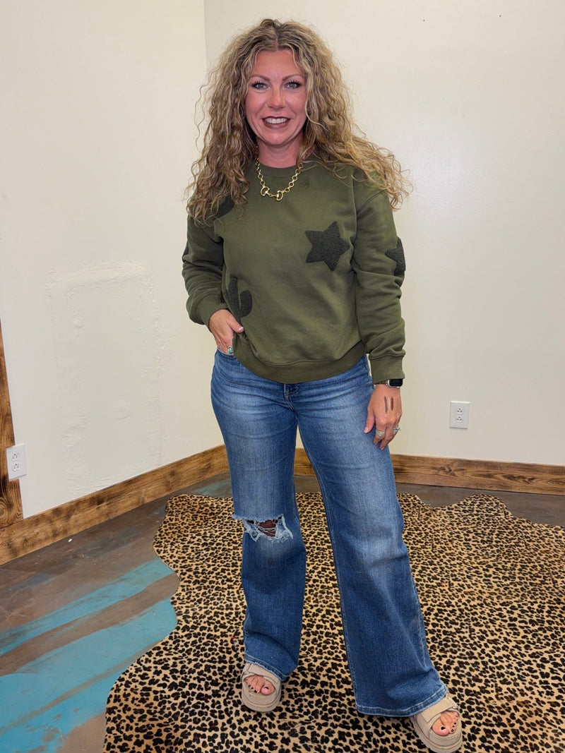 Olive Green Western Patchwork Sweatshirt - Country Lace Boutique