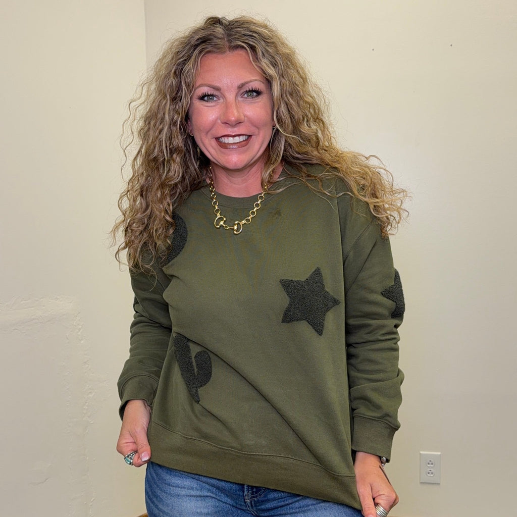 Olive Green Western Patchwork Sweatshirt - Country Lace Boutique