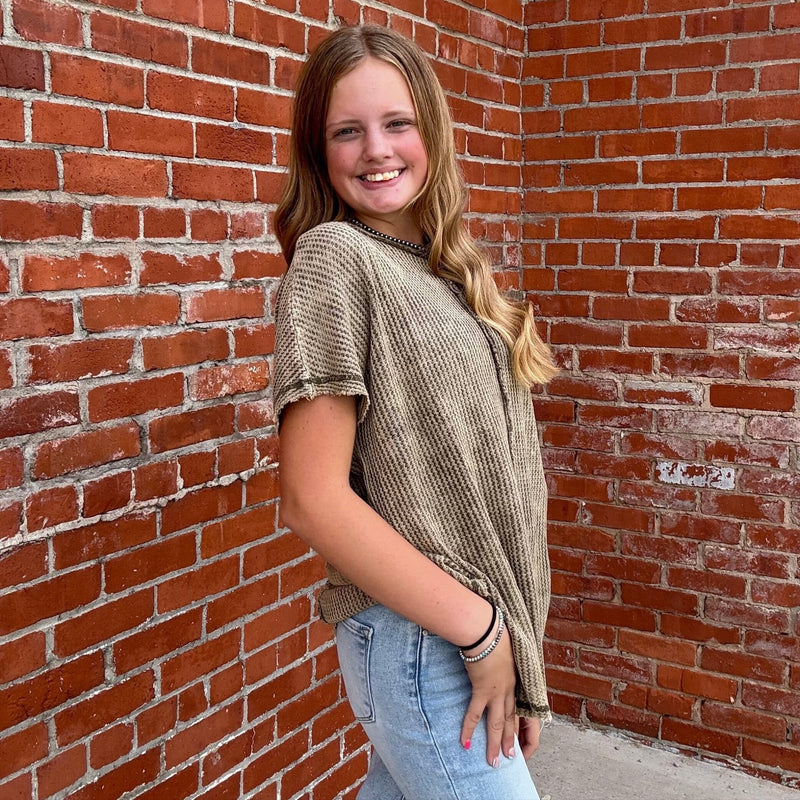 Olive Inside Out Waffle Shortsleeve Top - Country Lace Boutique