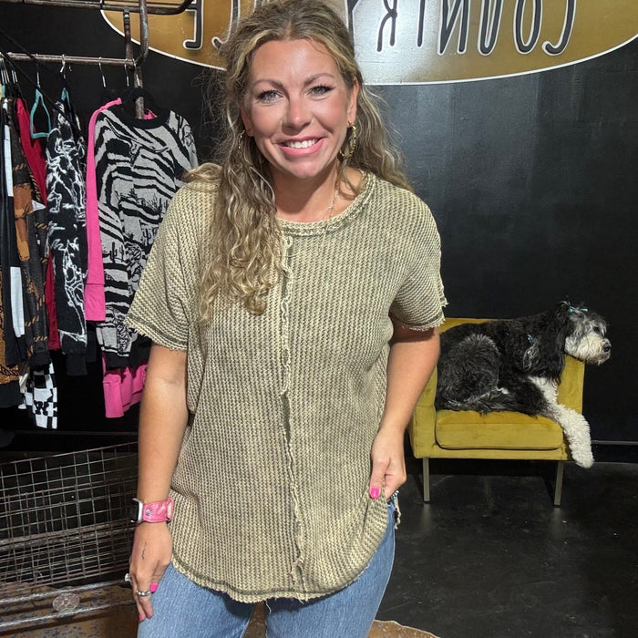 Olive Inside Out Waffle Shortsleeve Top - Country Lace Boutique