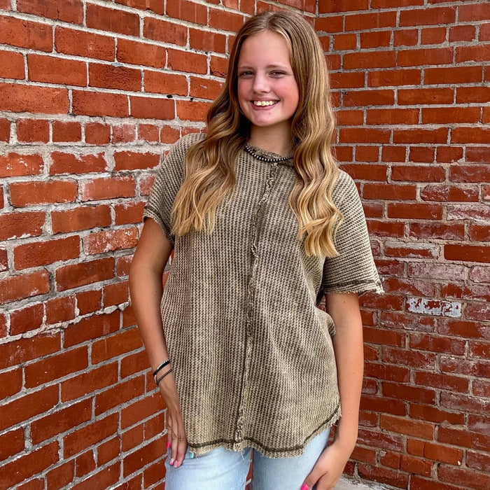 Olive Inside Out Waffle Shortsleeve Top - Country Lace Boutique