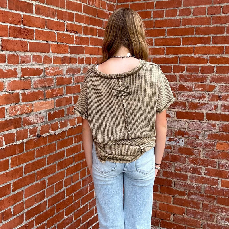 Olive Inside Out Waffle Shortsleeve Top - Country Lace Boutique