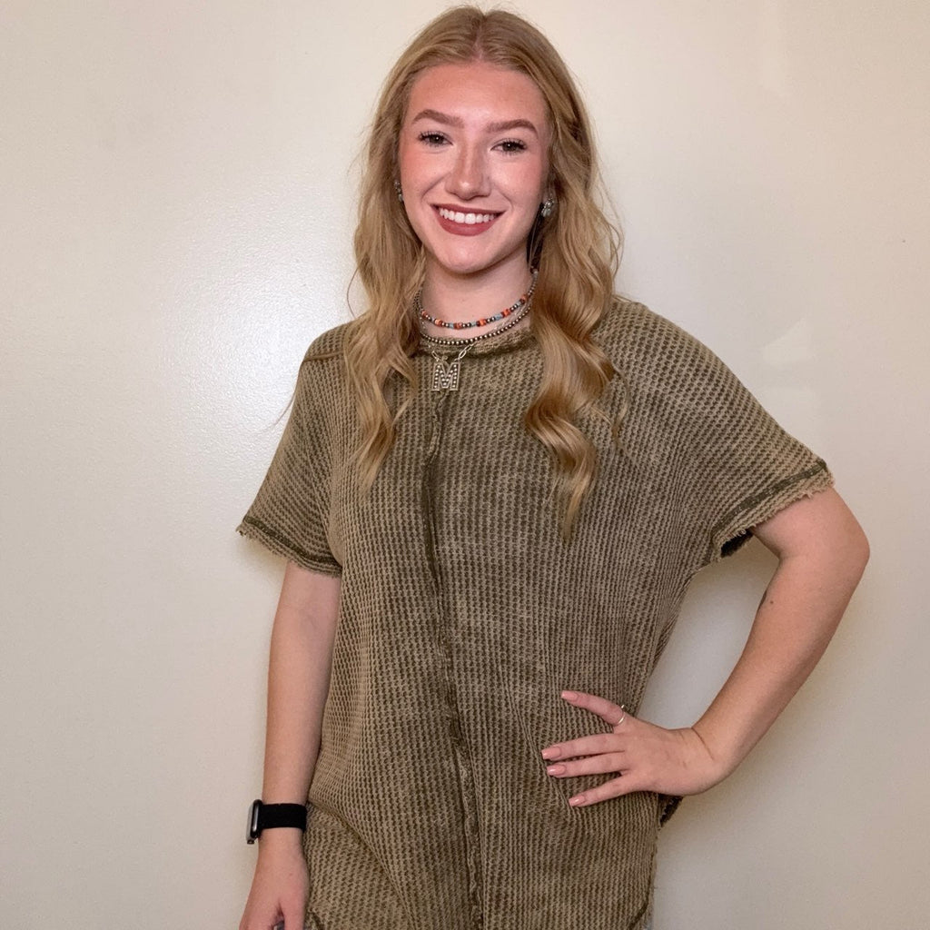 Olive Inside Out Waffle Shortsleeve Top - Country Lace Boutique