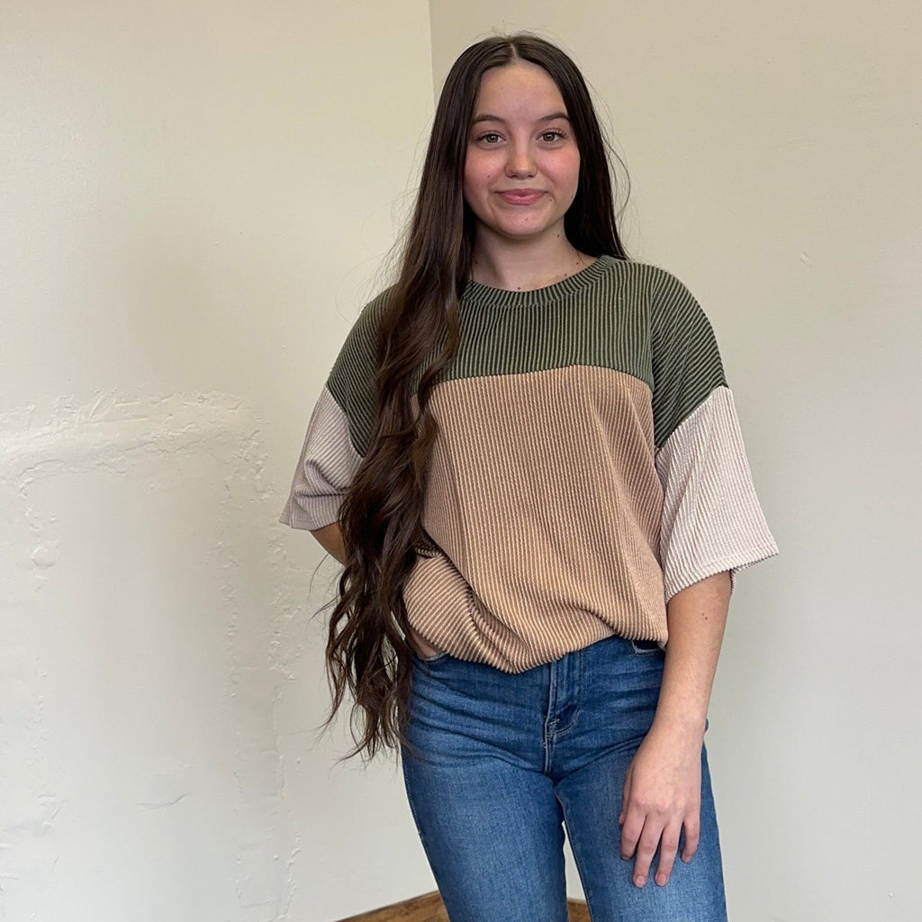 Olive Oversized Ribbed Color block Short Sleeve Shirt - Country Lace Boutique
