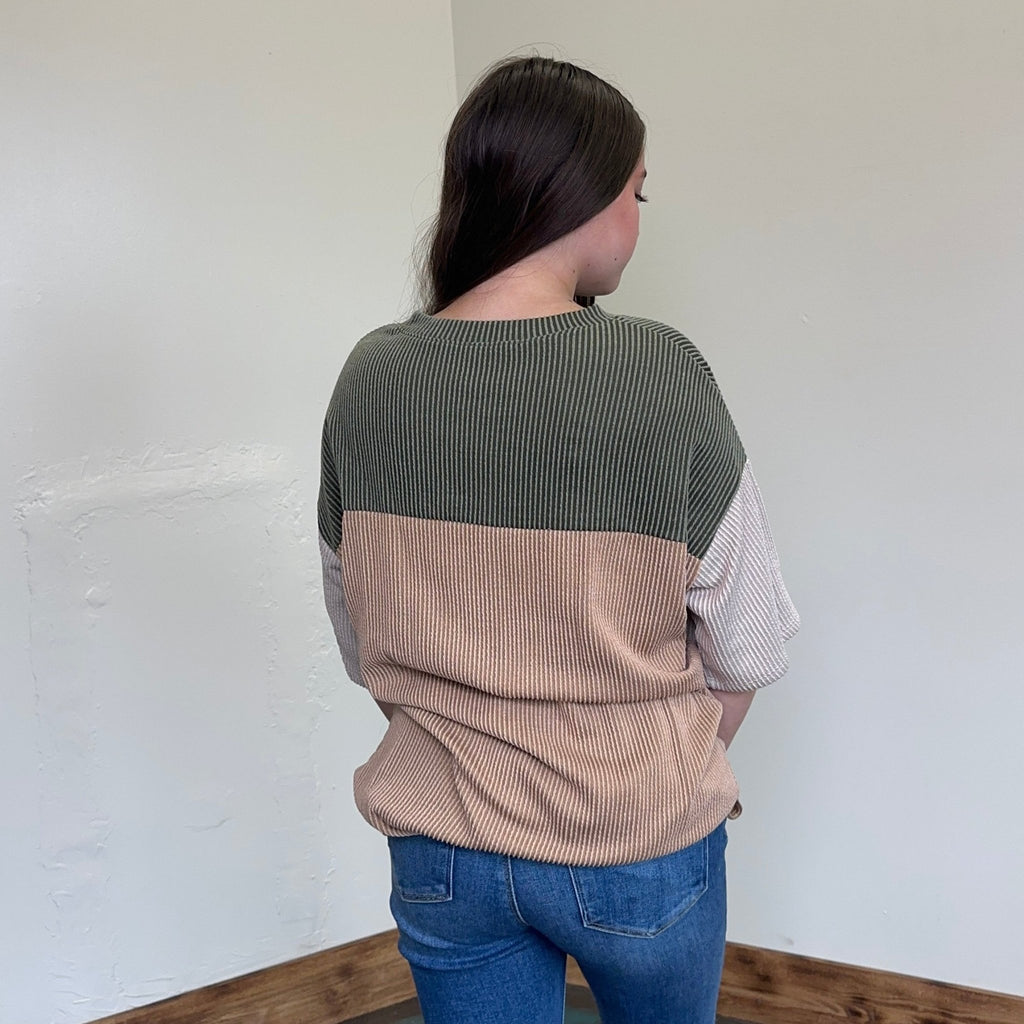 Olive Oversized Ribbed Color block Short Sleeve Shirt - Country Lace Boutique