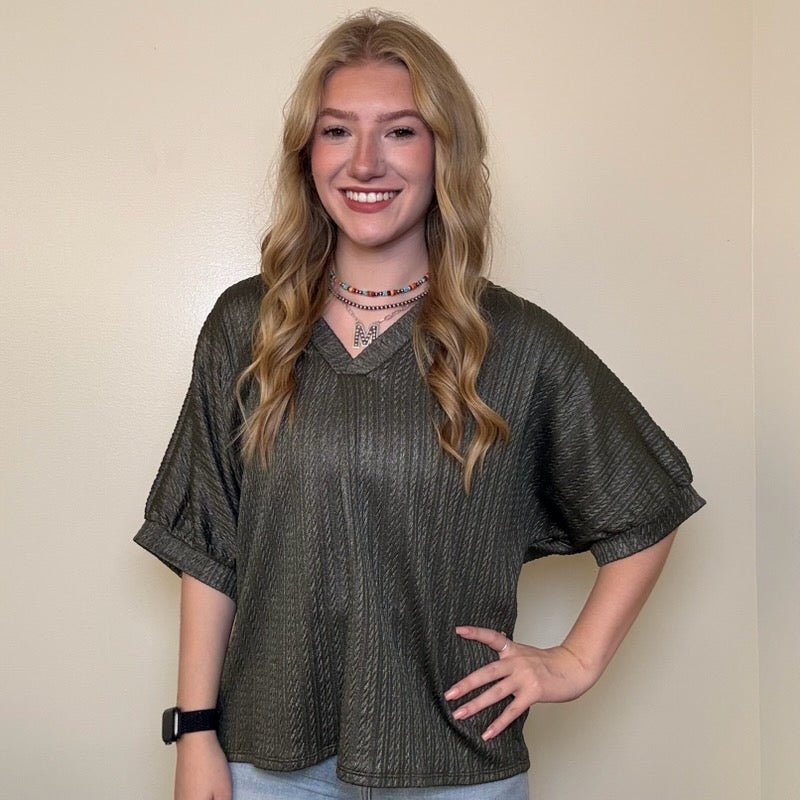 Olive w/ Foil V Neck Bubble Short Sleeve Top - Country Lace Boutique