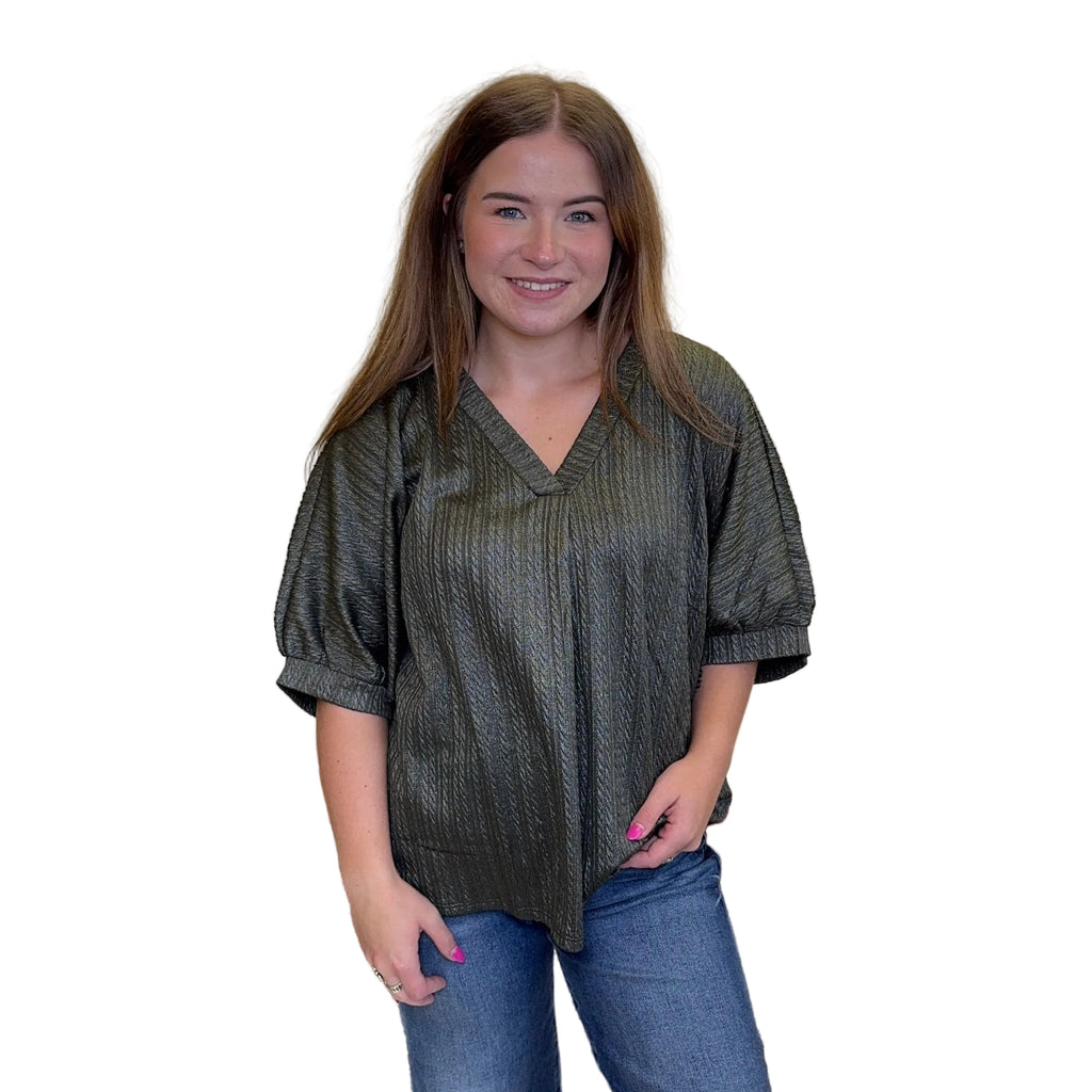 Olive w/ Foil V Neck Bubble Short Sleeve Top - Country Lace Boutique