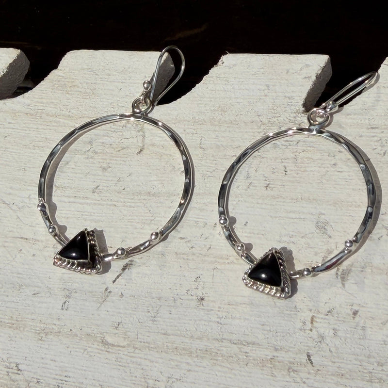 Onyx Triangle Hammered Hoop Sterling Silver Earring - Country Lace Boutique