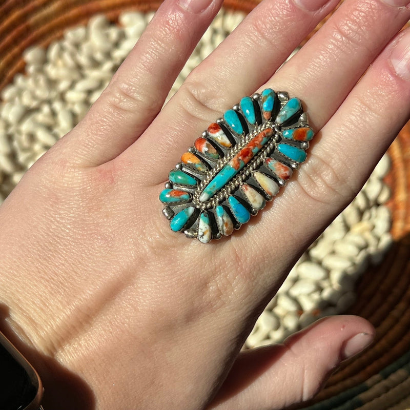 Orange and Turquoise Oval Cluster Sterling Silver Ring - Country Lace Boutique