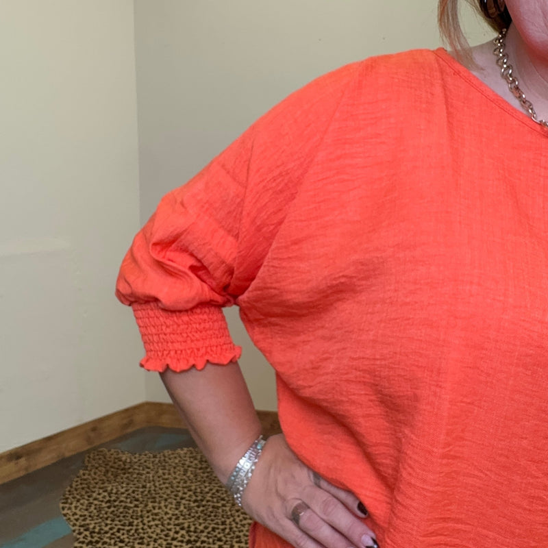Orange Blouse with Smocking Sleeves Top - Country Lace Boutique