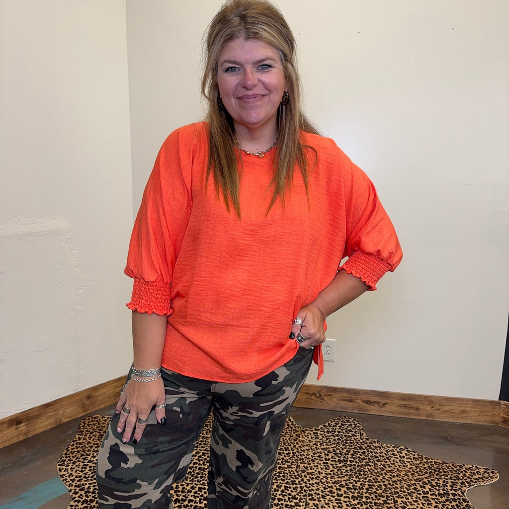 Orange Blouse with Smocking Sleeves Top - Country Lace Boutique