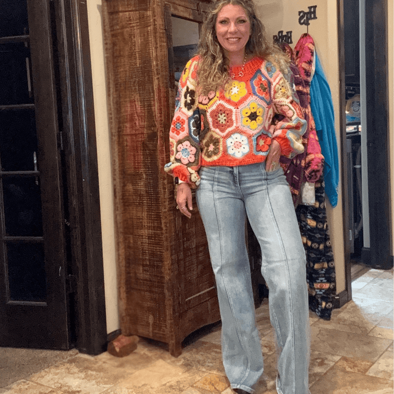 Orange Crochet Flower Crop Sweater - Country Lace Boutique