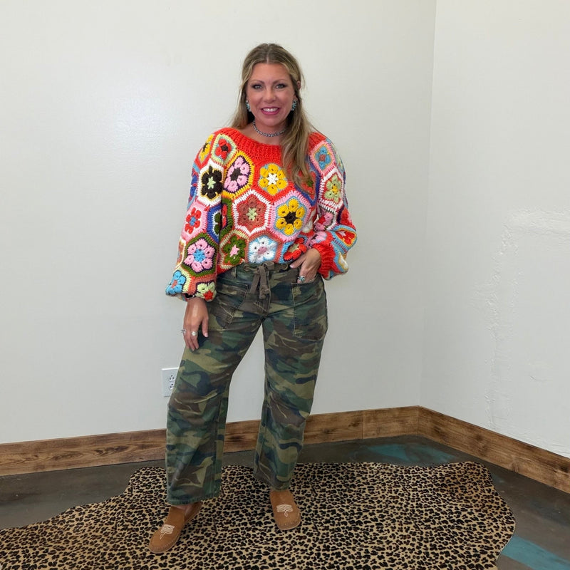 Orange Crochet Flower Crop Sweater - Country Lace Boutique