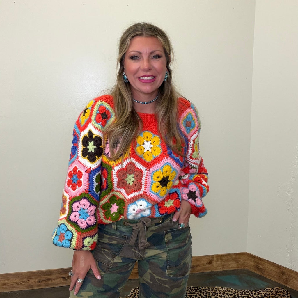 Orange Crochet Flower Crop Sweater - Country Lace Boutique