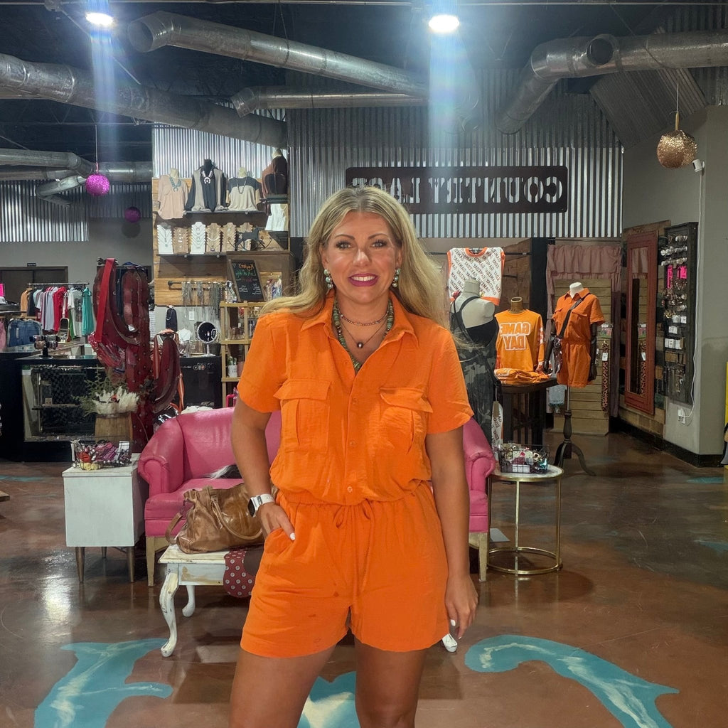 Orange Drawstring Romper - Country Lace Boutique