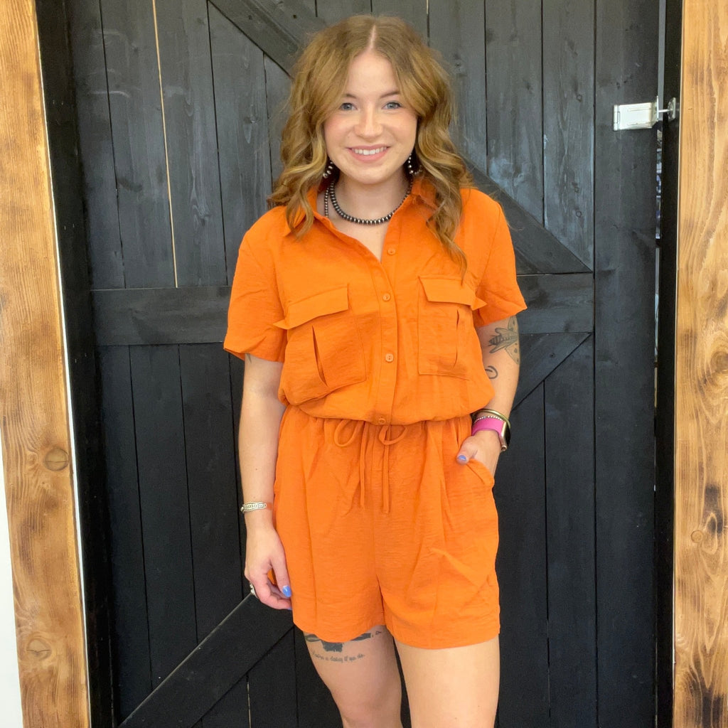 Orange Drawstring Romper - Country Lace Boutique
