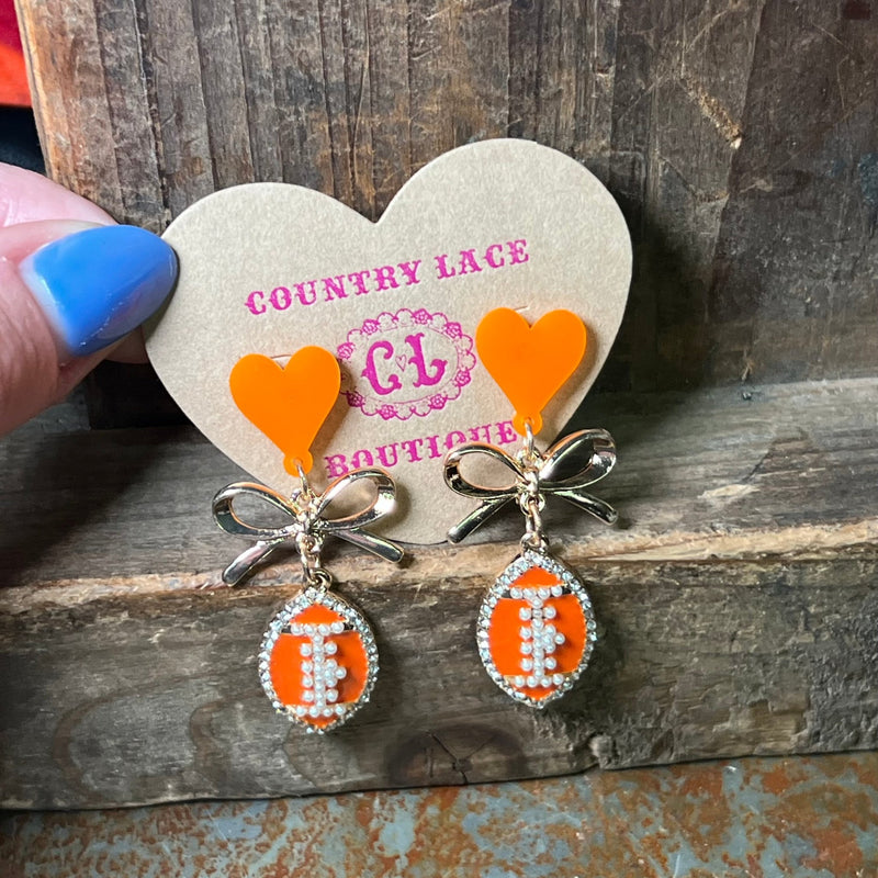 Orange Game Day Football Dangle with Gold Bow Post Fashion Earrings - Country Lace Boutique