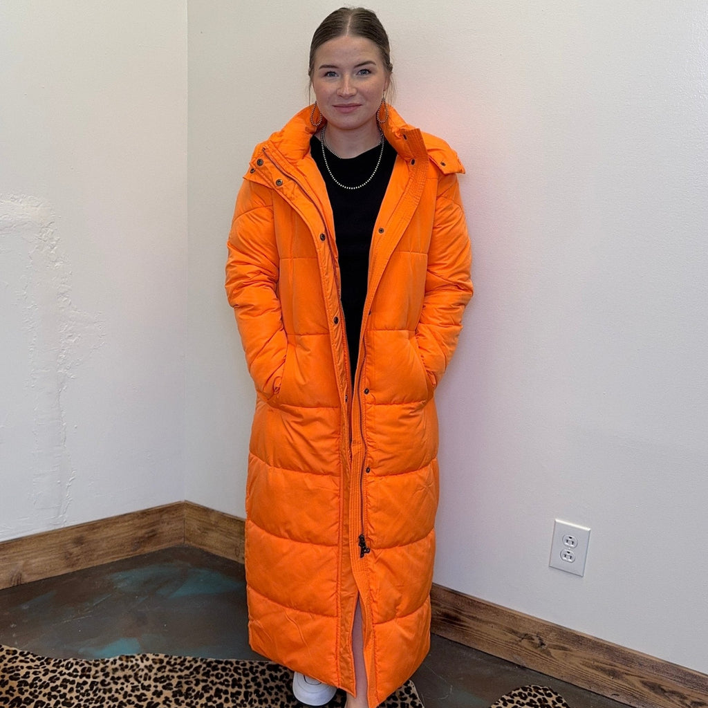 Orange Long Puffer Jacket w/ Removeable Hoodie - Country Lace Boutique
