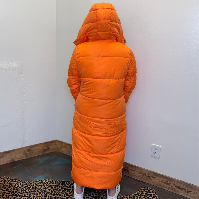 Orange Long Puffer Jacket w/ Removeable Hoodie - Country Lace Boutique