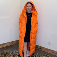 Orange Long Puffer Jacket w/ Removeable Hoodie - Country Lace Boutique