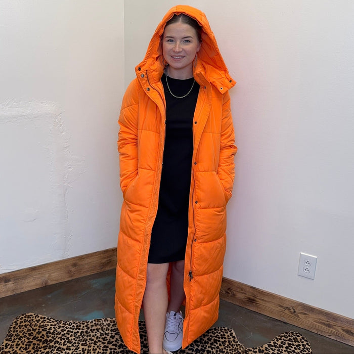 Orange Long Puffer Jacket w/ Removeable Hoodie - Country Lace Boutique
