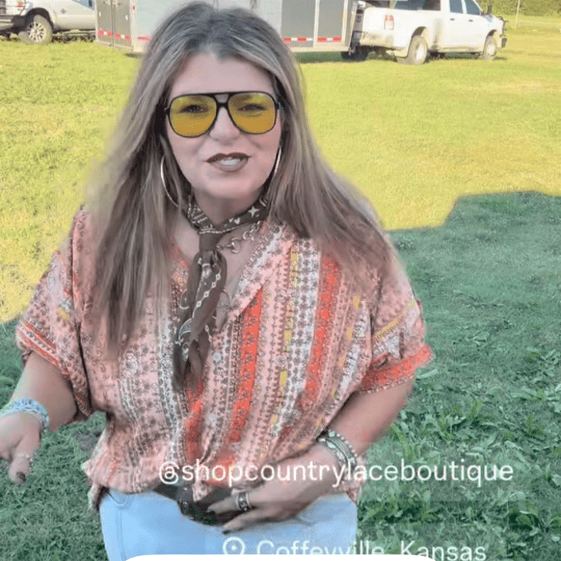 Orange Multi Short Sleeve Button Down Top - Country Lace Boutique