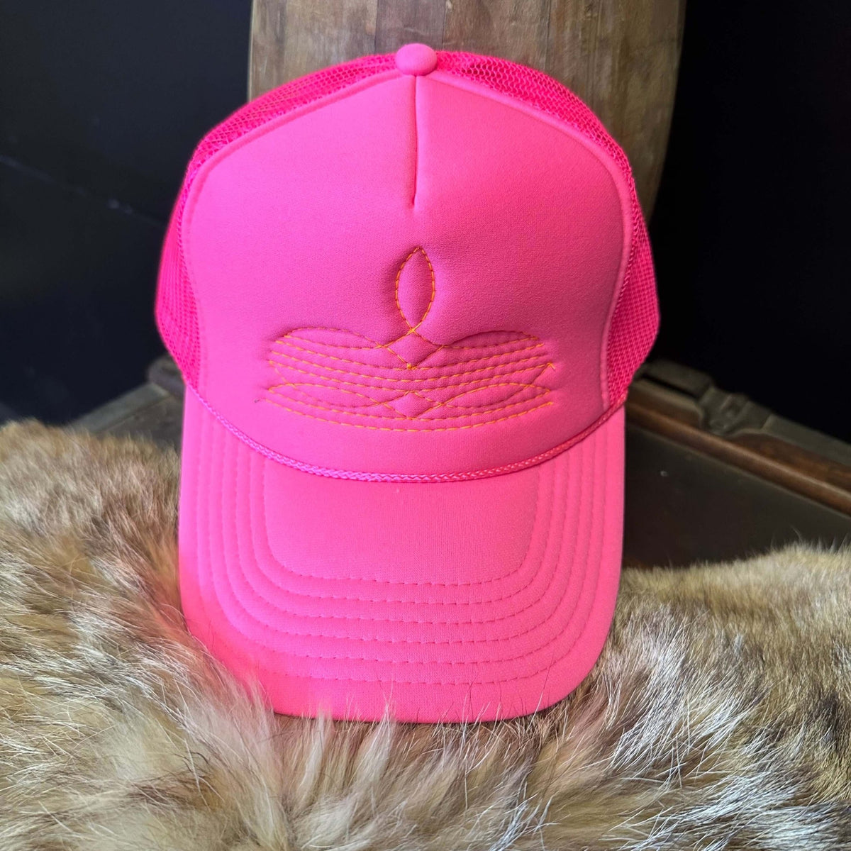 Orange on Hot Pink Boot Stitch Trucker Hat - Country Lace Boutique