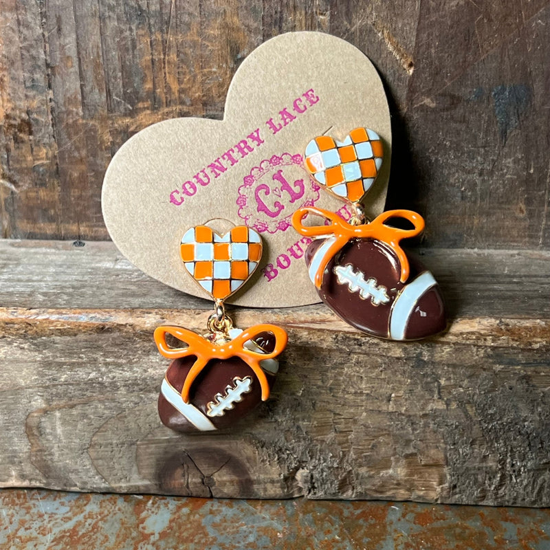 Orange Pride Game Day Football Dangle with Gold Bow Post Fashion Earrings - Country Lace Boutique