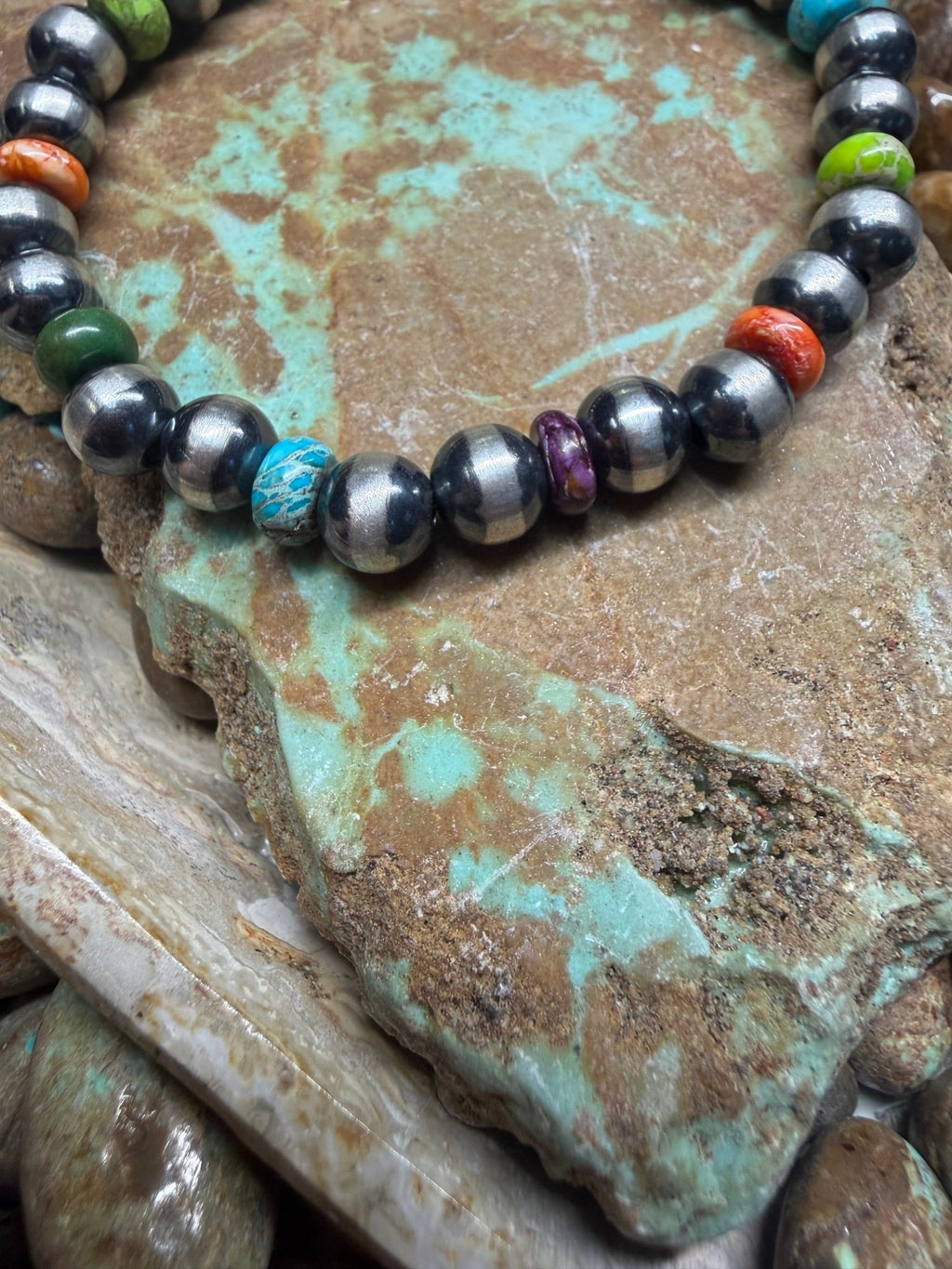 Orange Purple Spiny Turquoise Stretchy 6mm Pearl Sterling Silver Bracelet - Country Lace Boutique