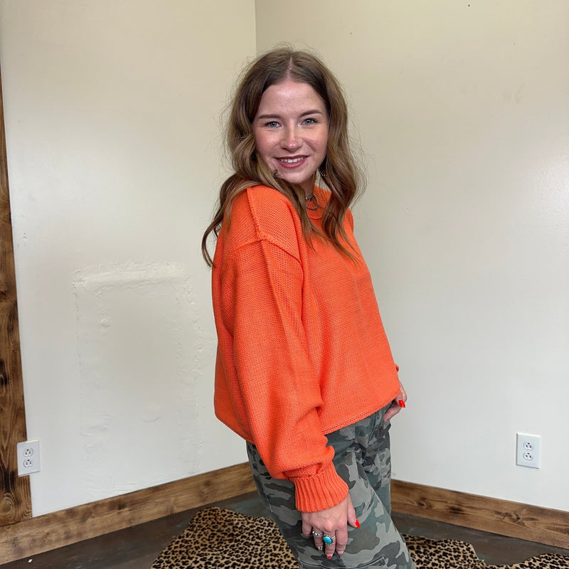 Orange Seams Out Crop Crew Neck Long Sleeve Sweater - Country Lace Boutique