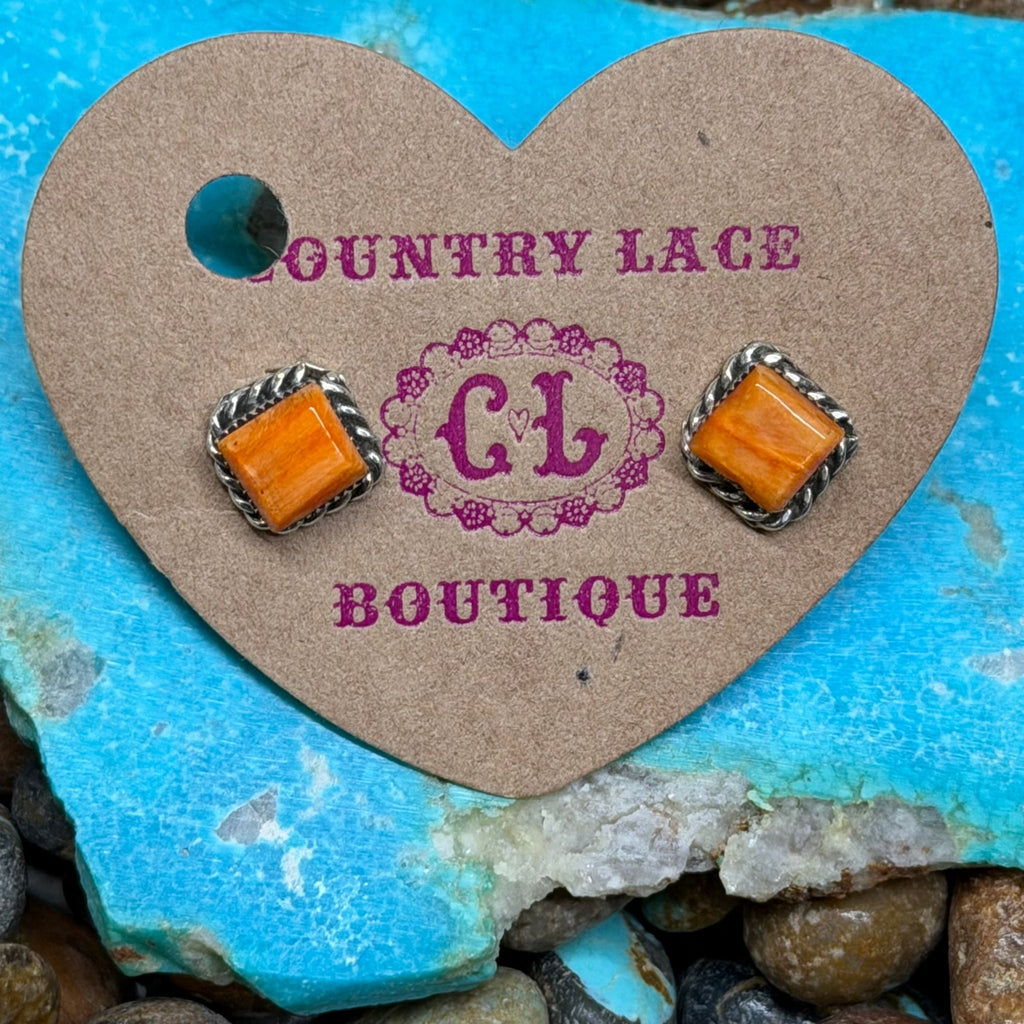 Orange Spiny Square Stud Sterling Silver Earring - Country Lace Boutique