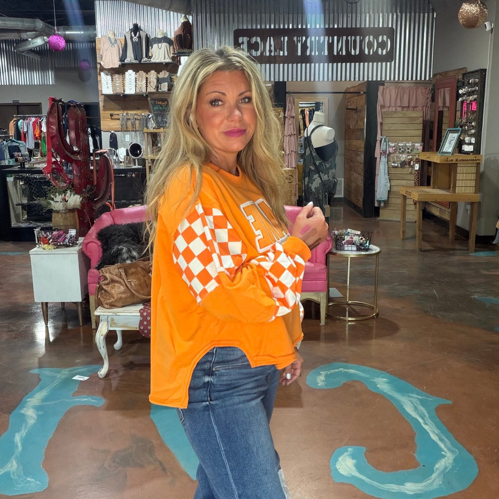 Orange & White Game Day Checkered Long Sleeve Sweatshirt - Country Lace Boutique