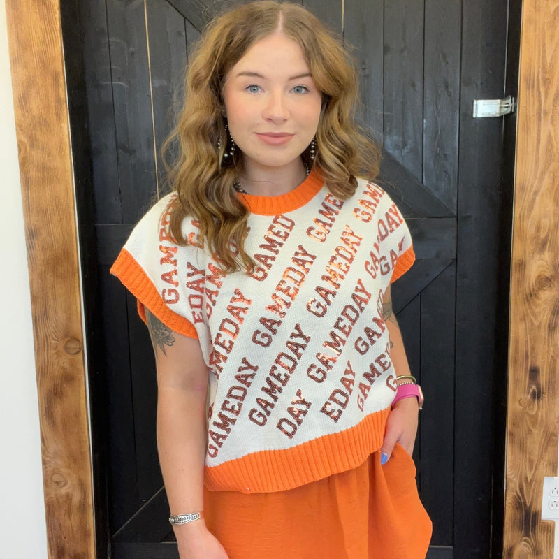 Orange & White Gameday Sequin Sweater Vest - Country Lace Boutique