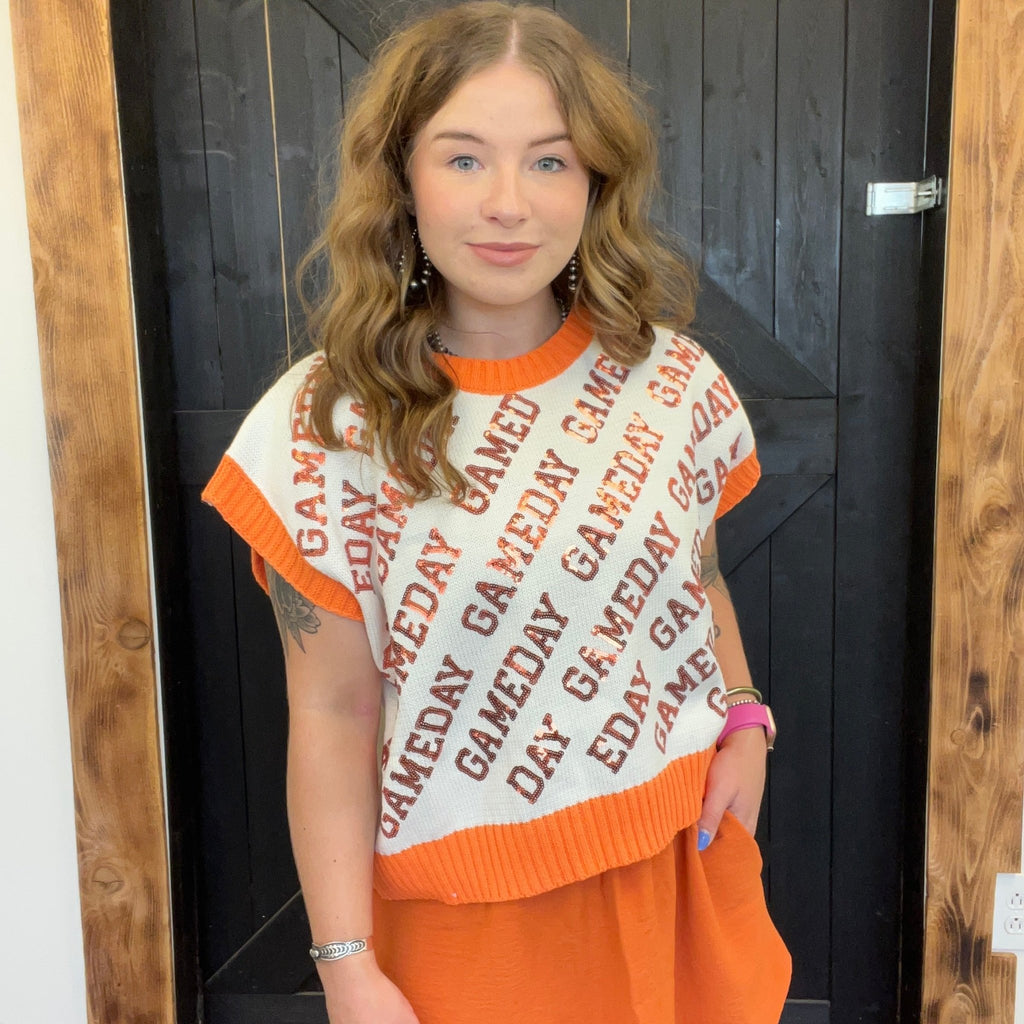 Orange & White Gameday Sequin Sweater Vest - Country Lace Boutique